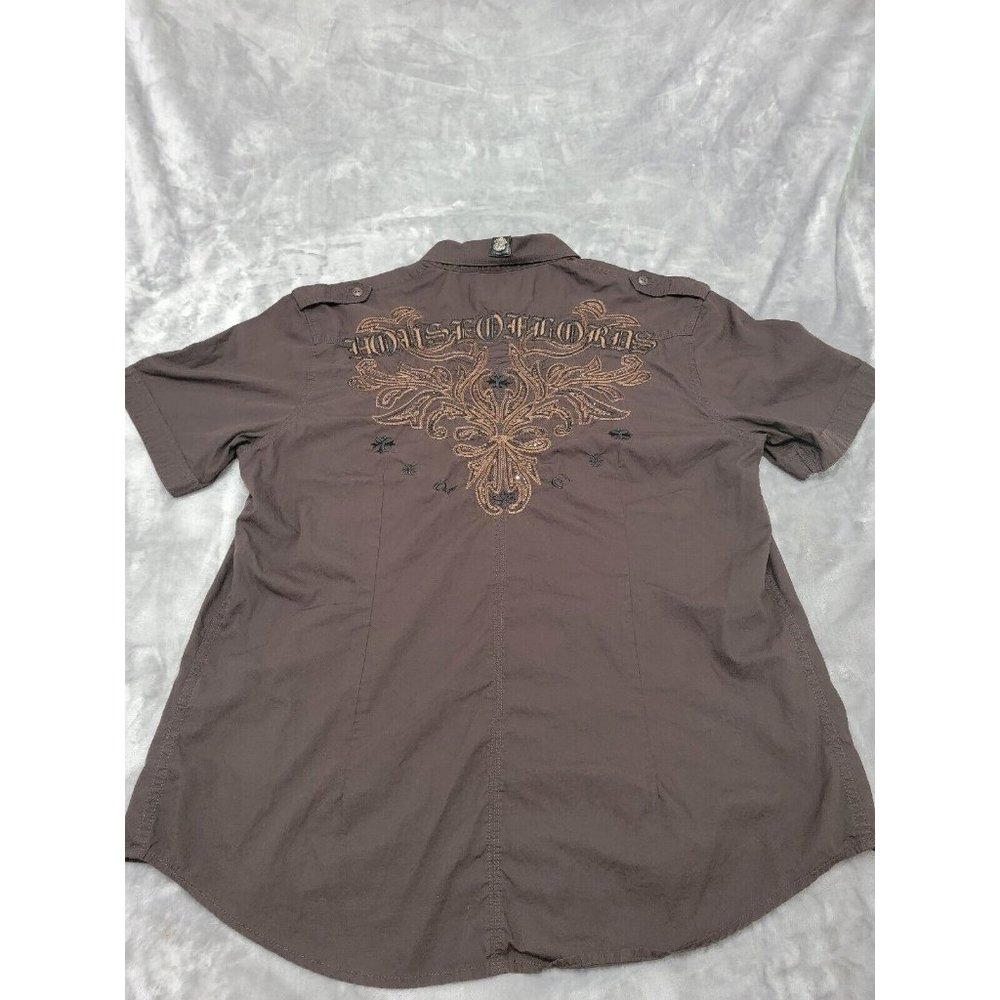 House of‎ Lords Men's XL Short Sleeve Brown Embellished Shirt Gothic, Moto, Rock